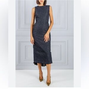 Mantu Italy Midi Dress Size IT 40 US 4 Navy Blue Tweed Metallic Sheath